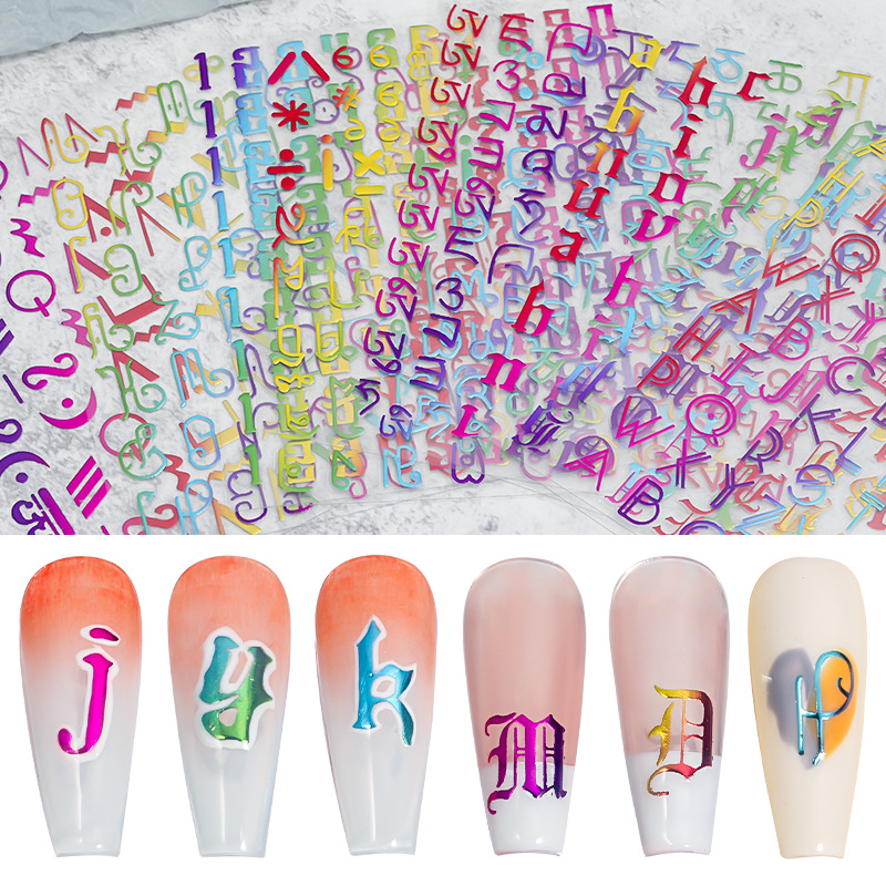 新款数字美甲贴纸ins风烫金镭射幻彩符号英文贴纸背胶指甲贴套装