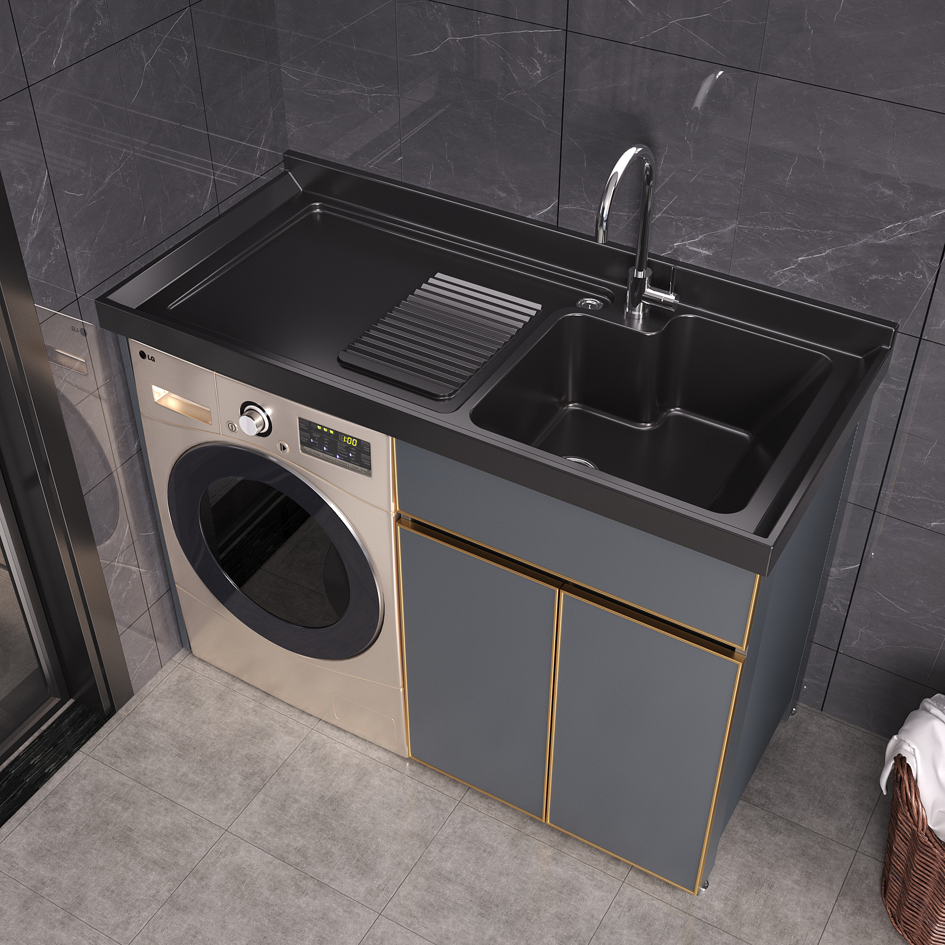 阳台铝洗衣机石英石洗太空洗脸搓板伴侣台厂家柜洗手盆一体批发带