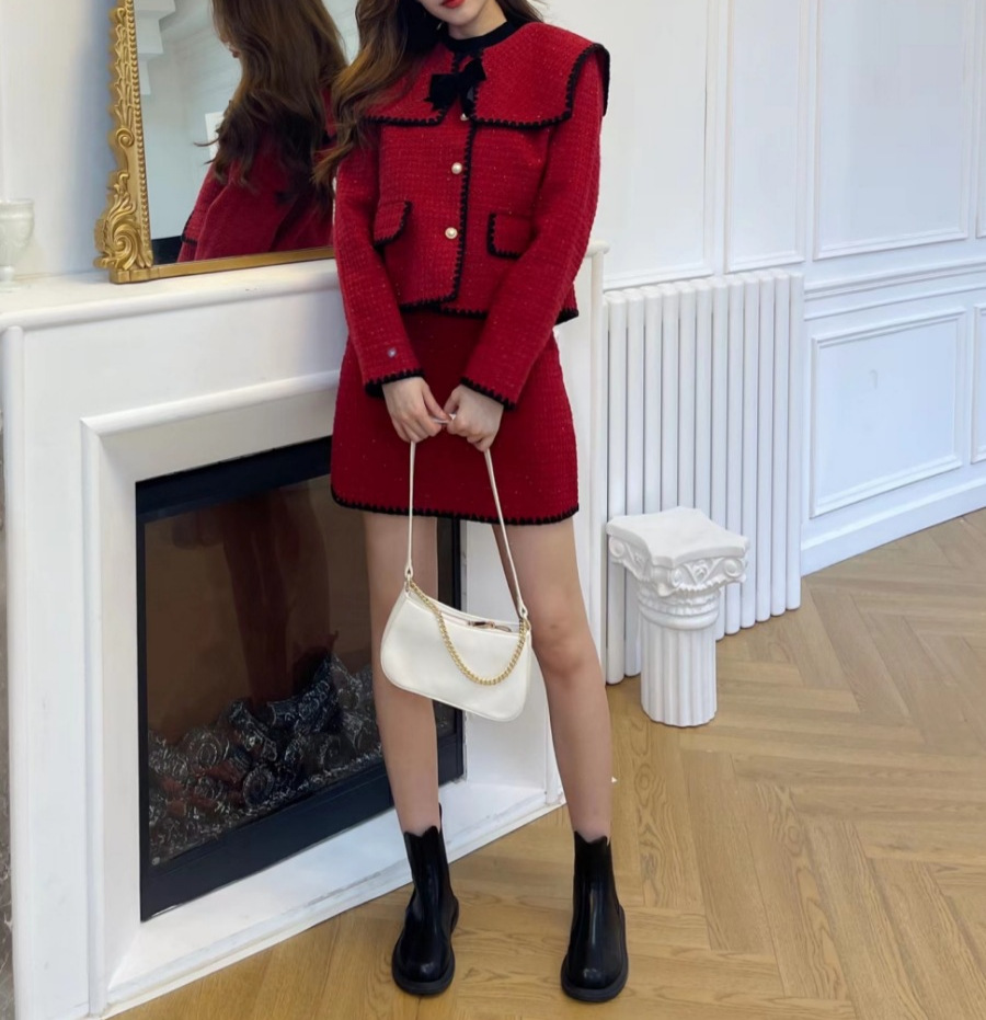 红色小香风敬酒服结订婚回门服新娘连衣短裙套装穿搭平时可穿秋冬