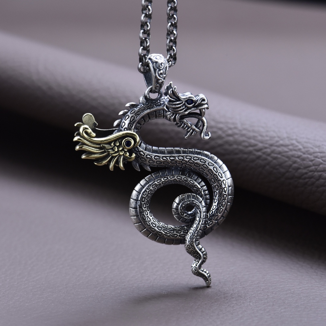 新款s925银国潮翅膀飞龙吊坠风个性生肖龙挂坠分色复古朋克男挂件