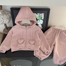 柠里儿童运动套装春秋新款韩版女童粉色连帽拉链两件套宝宝衣服潮