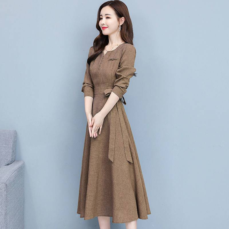 长袖时尚棉麻连衣裙女2022秋装新款韩版高贵气质修身显瘦中长裙女
