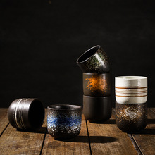 跨境日式寿司料理商用茶杯随手杯陶瓷餐具直身水杯复古可叠家用小