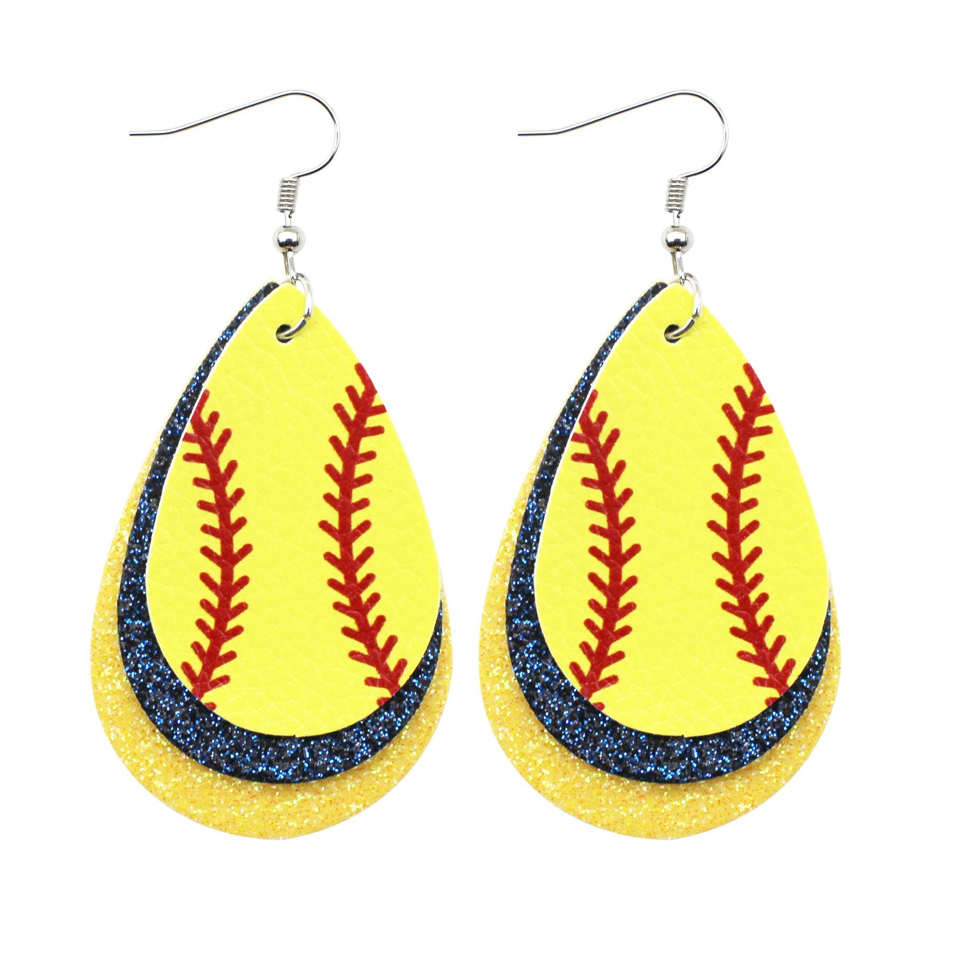 Leather Baseball Theme Earrings Glitter Pu round Heart Water Drops Baseball Texture Three-Layer Earrings Cross-Border Amazon