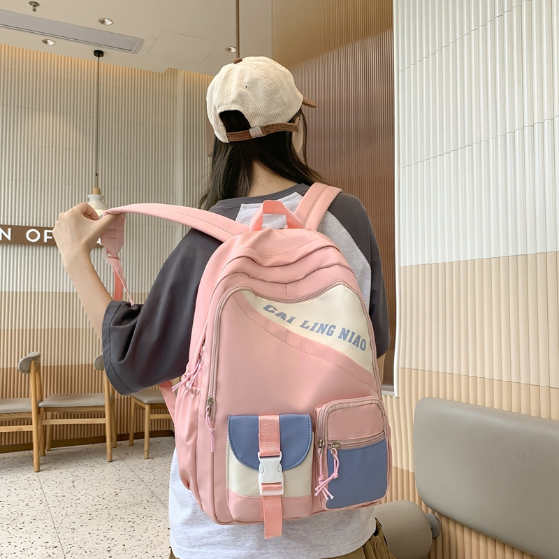 Wholesale Student Backpack Female Stitching Contrast Color Teenage Leisure Outdoor Backpack Grade 3-6 Middle School Student Schoolbag