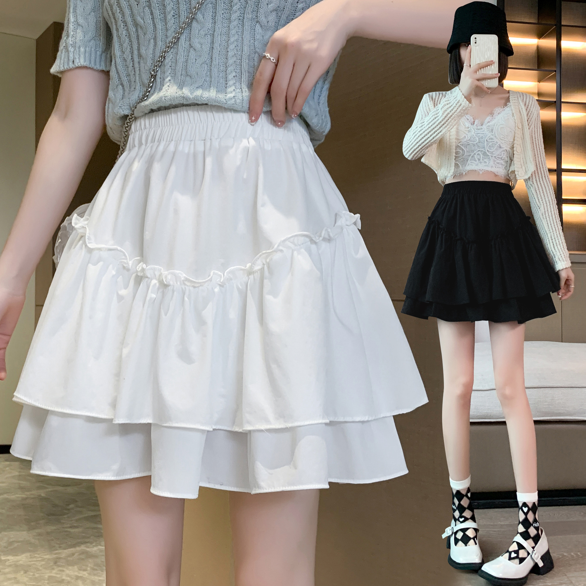 半身裙小清新甜美淑女小个子高腰a字裙荷叶边裙短裙夏季纯色瑞丽