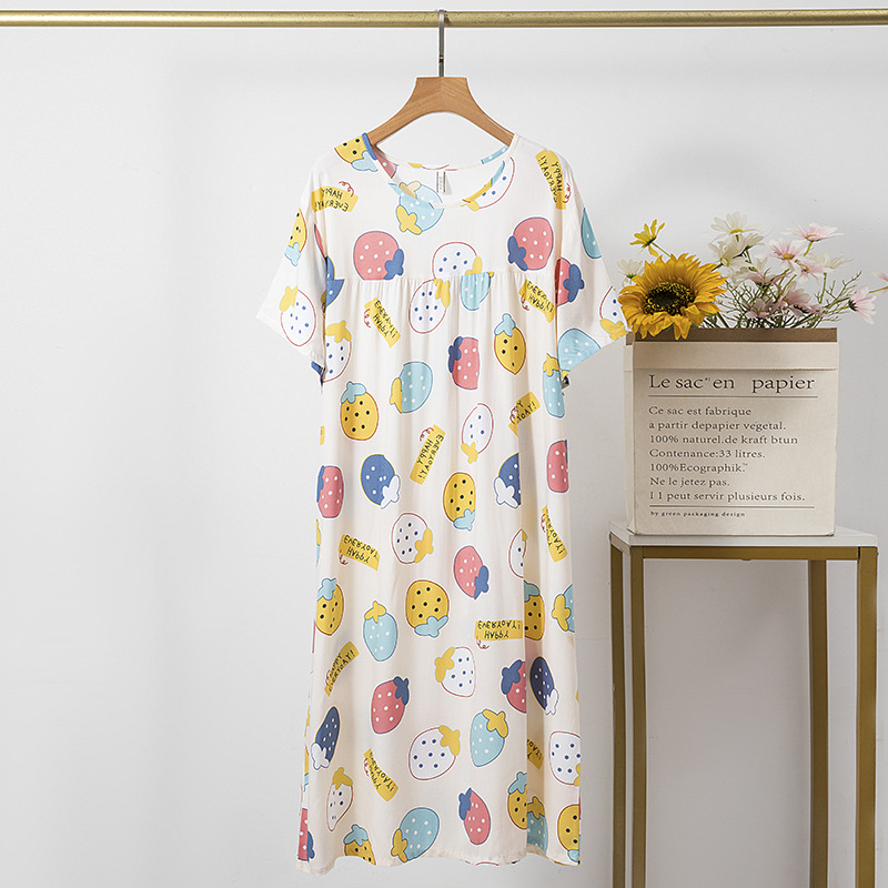 Artificial Cotton Nightdress Women's Summer Thin Large Size Cartoon Pajamas Artificial Cotton Long Dress Short Sleeve Outerwear Homewear