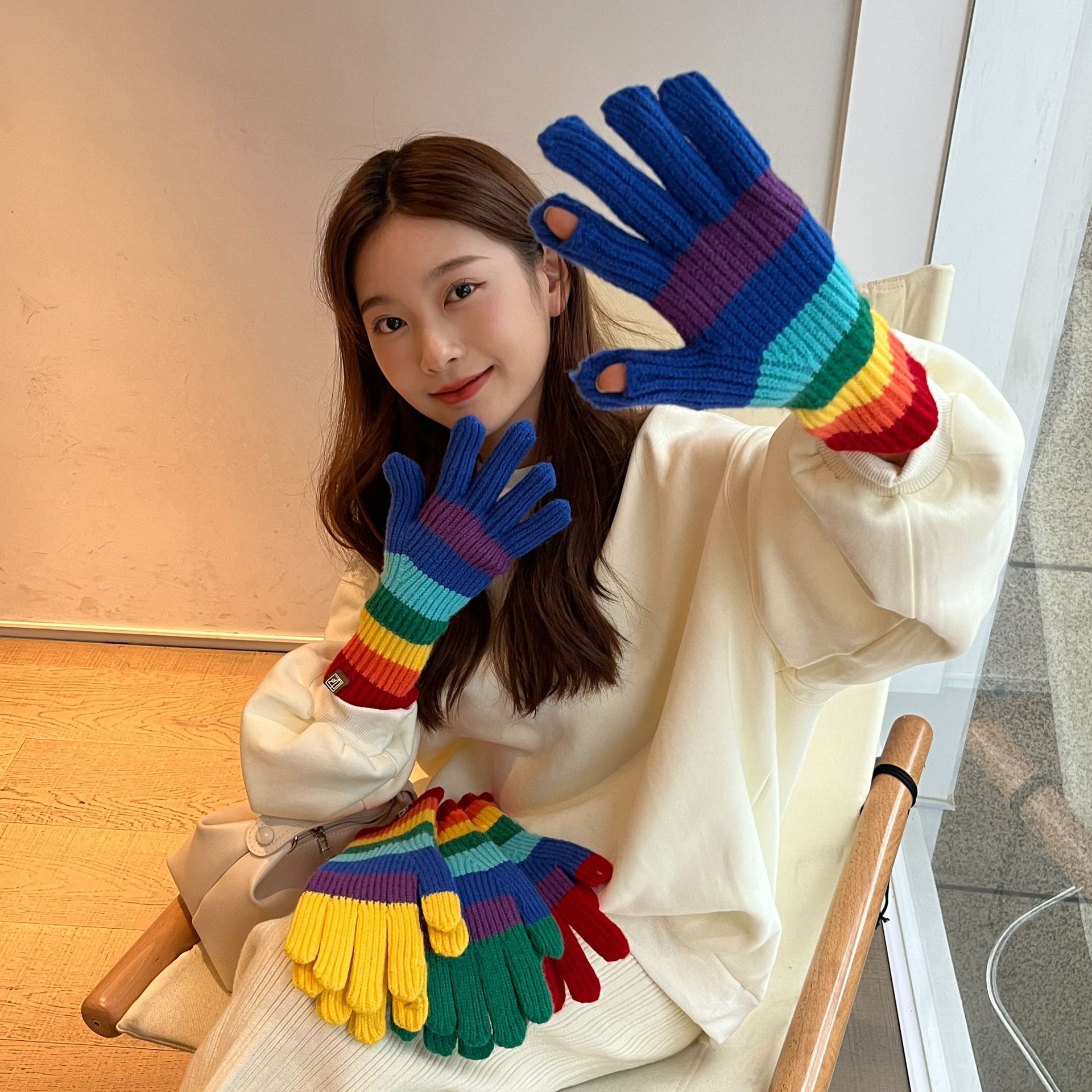 韩系彩虹色针织撞色五指手套冬季网红个性时尚毛线防风触屏手套潮