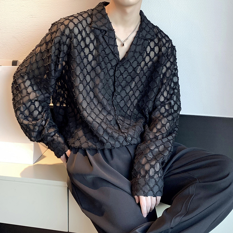 轻奢宽松慵懒风防晒衬衣夏季潮牌邦创唯禁欲系菱格镂空长袖衬衫男