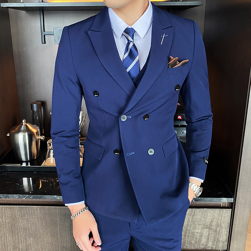 休闲小西装套装男蓝色帅气新郎婚礼修身潮流男士西服正装结婚礼服