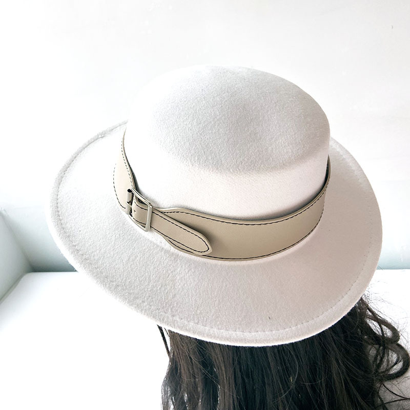 网红秋冬季毛呢法式名媛风平顶礼帽女英伦复古时尚赫本风皮带帽子