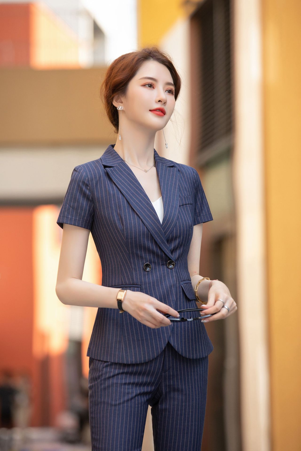 夏季条纹燕尾服短袖职业装女士套裙西装夏季黑色白领女神范工作服