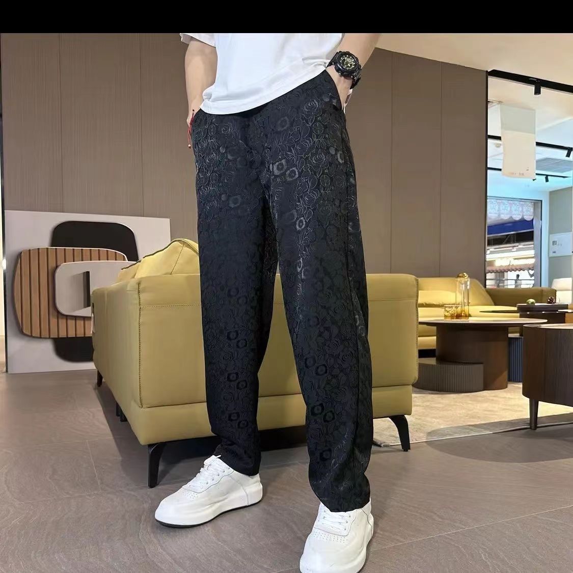 2024抖音爆款新款男裤高档上档次潮流时尚提花裤夏季冰丝薄款裤子