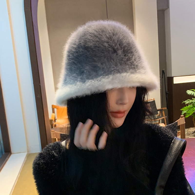 Autumn and Winter Korean Style Gradient Color Rabbit Fur Bucket Hat Face-Looking Small Outdoor Travel Warm Women's Fashion Bucket Hat Fashion
