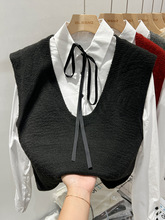韩版设计感假两件衬衫女2024春款学院风针织毛衣马甲衬衣宽松上衣