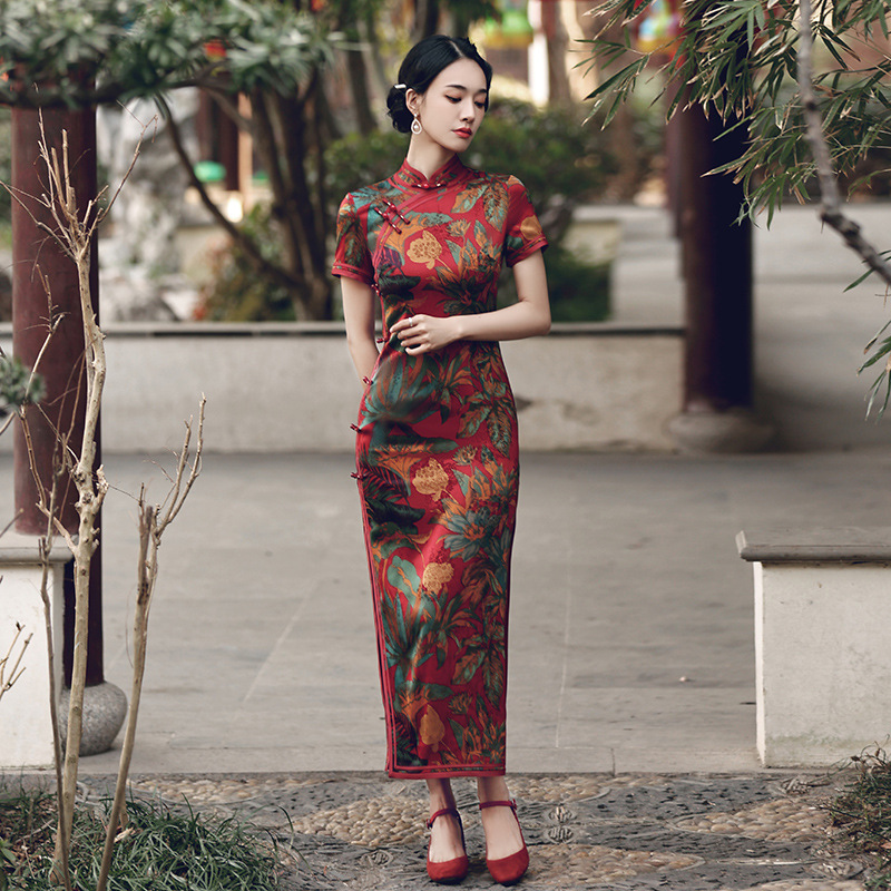 中式旗袍2021年新款中国风优雅气质长款老上海名媛走秀演出连衣裙