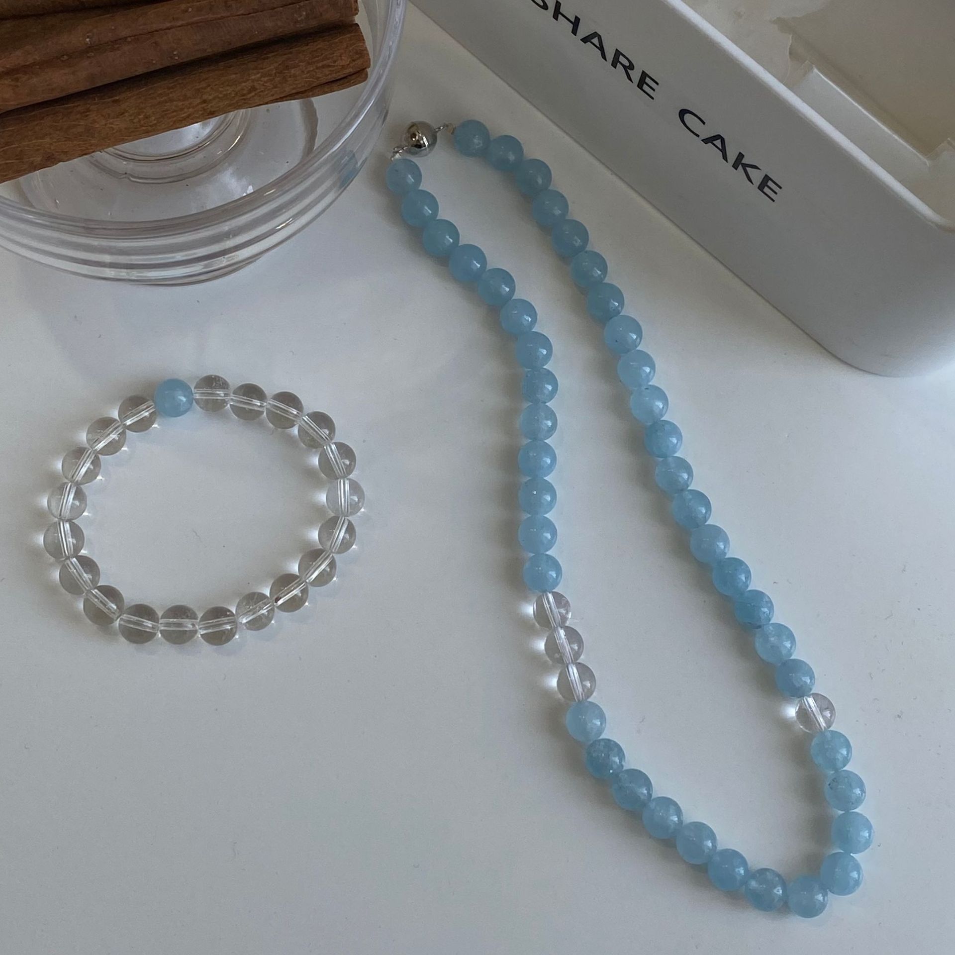 s925纯银天然海蓝项链女手工磁吸扣头锁骨链气质天然白水晶手链女