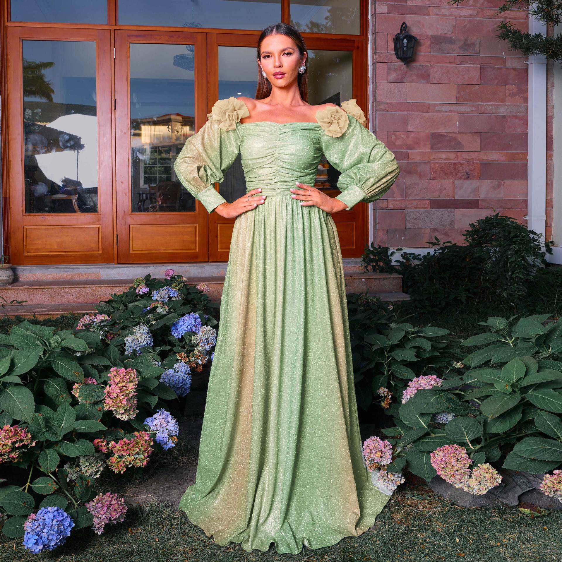 跨境欧美长袖气质一字领收腰沙滩度假长款波西米亚风大摆连衣裙女