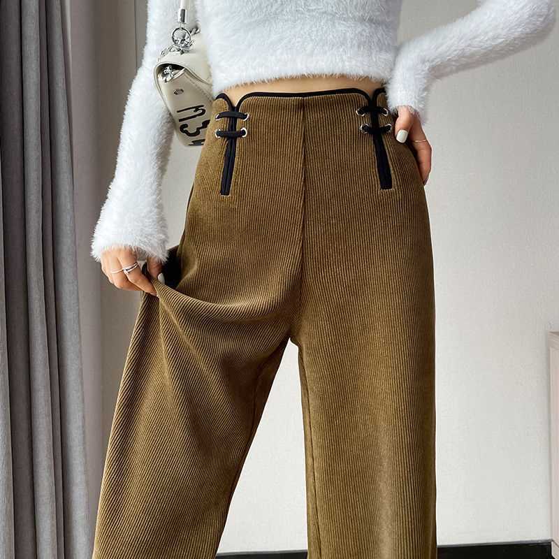 Narrow Wide-Leg Pants for Women 2023 Autumn and Winter New Fleece-Lined New Chinese Style Buckle High Waist Drooping Casual European Pants