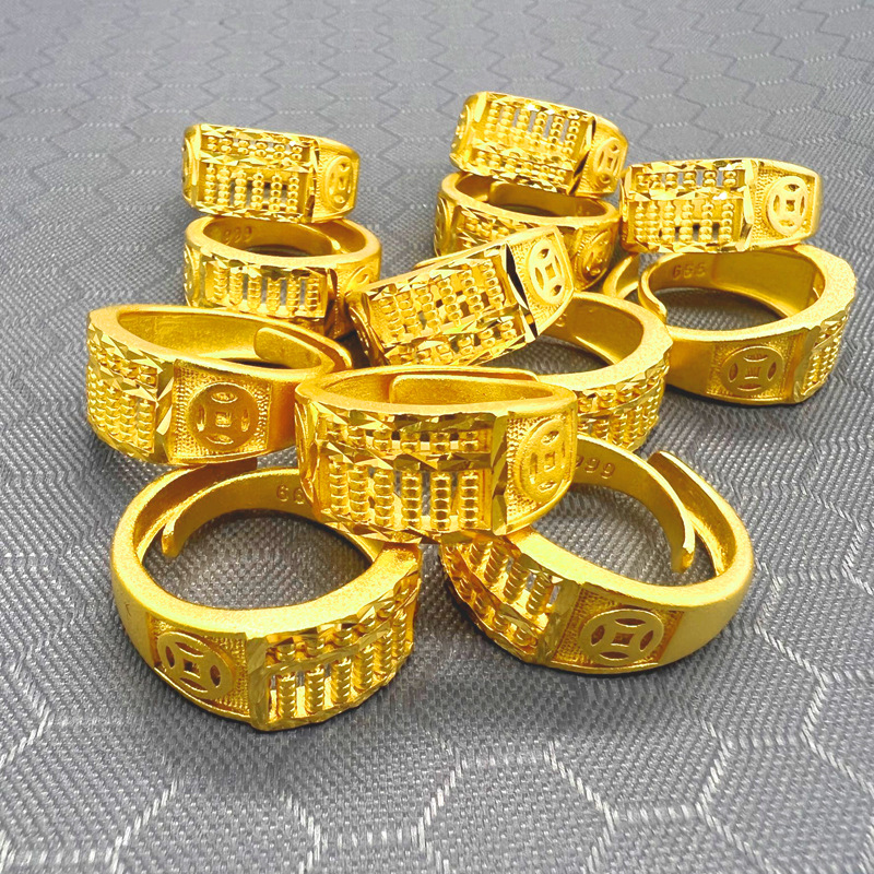 网络爆款沙金算盘戒指铜币开口黄铜镀金999男女铜钱算盘戒指