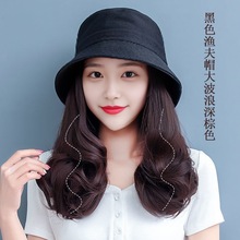 渔夫帽假发可拆卸帽子假发大波浪外贸电商hat cap with hair wig