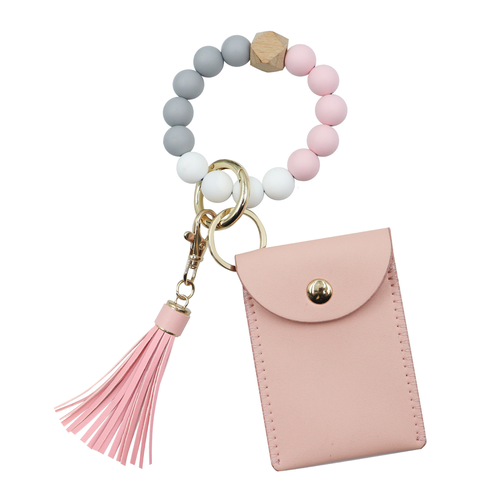 European and American Silicone Beaded Tassel Card Bag Spring Coil Keychain Leather Tassel Coin Purse Silicone Bracelet Key Ring