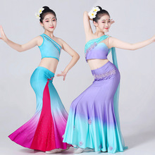 新款儿童云南西双版纳傣族舞蹈服装练习裙女演出服修身渐变鱼尾裙
