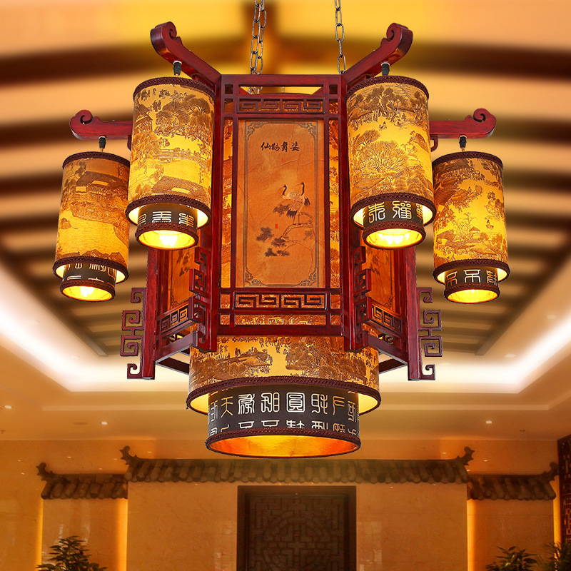 仿古新中式吊灯圆形实木复式楼客厅餐厅别墅茶楼饭店羊皮大吊灯具