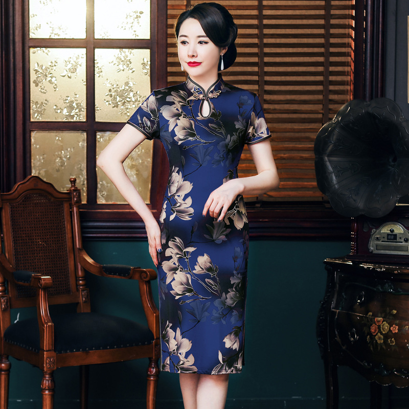 旗袍女夏季薄款高档改良连衣裙修身遮肚中年妇女士礼服时尚日常潮