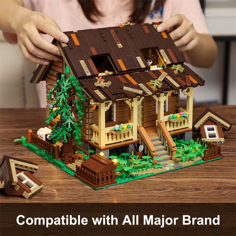 Funwhole Compatible with Lego Forest Wooden House with LED Lighting Model Puzzle Assembled Building Blocks Lighting Toys