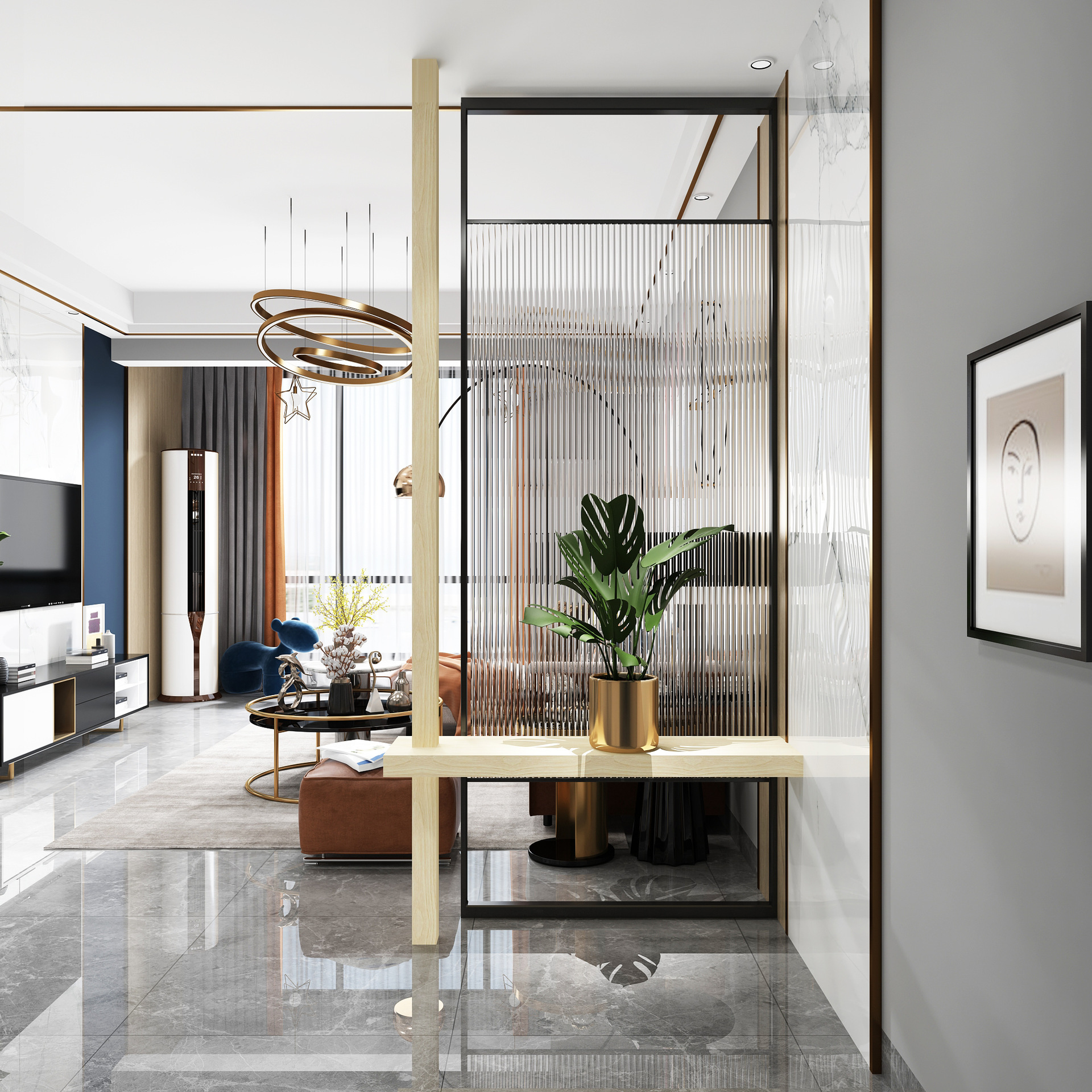 家用客厅入户玻璃玄关洗漱台创意铁艺隔断北欧轻奢钢化玻璃屏风