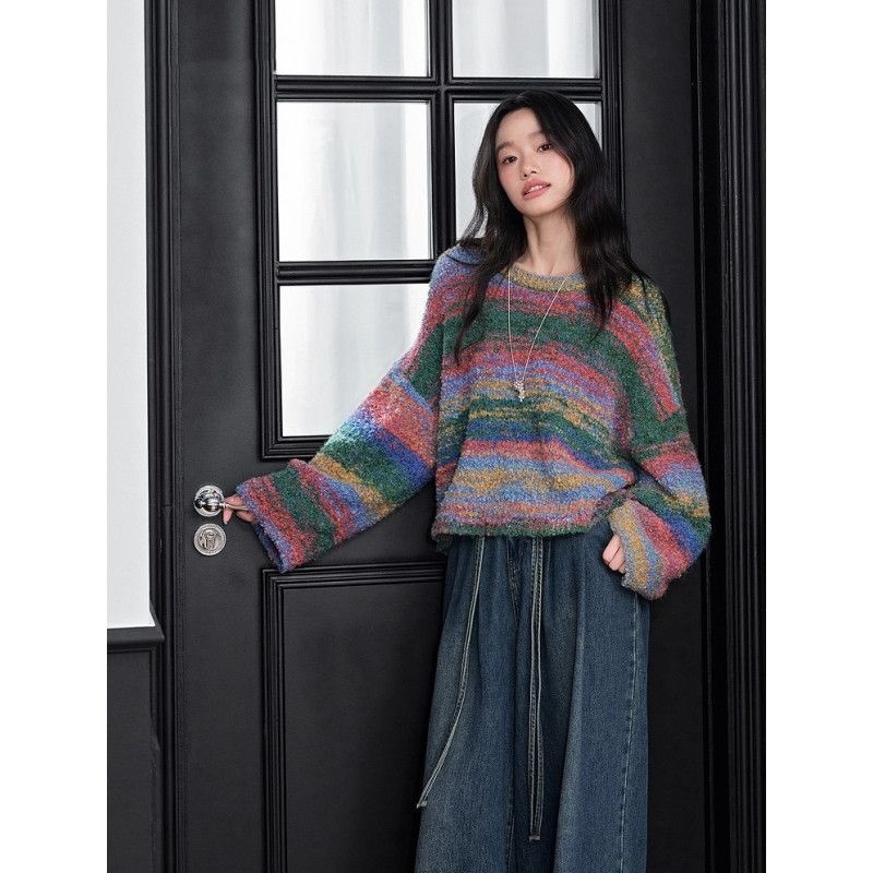 阔色多巴胺毛衣宽松圆领针织衫2025秋冬新款女感减龄长袖上衣