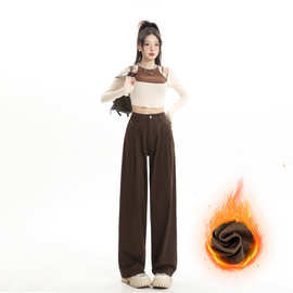 美拉德咖色牛仔裤女春季新款高腰显瘦复古褶皱卡其色直筒阔腿裤子