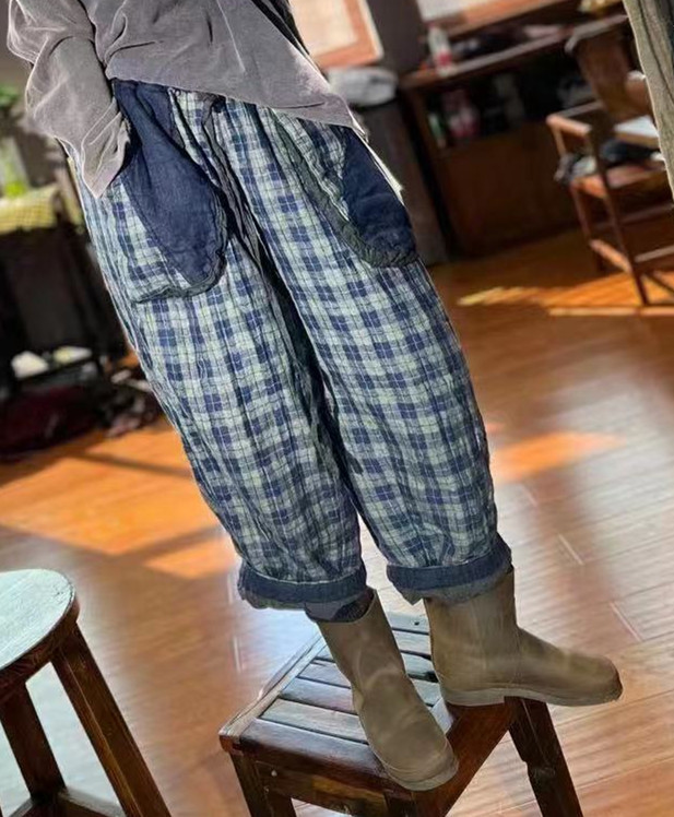 忆古朴拙原创棉麻小众复古女装冬装新加厚棉裤亚麻料格子萝卜长裤