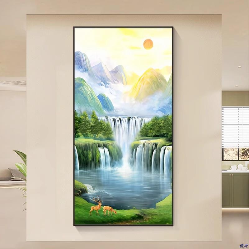 流水生财玄关装饰画旭日东升入户正对门挂画山水风景走廊过道壁画