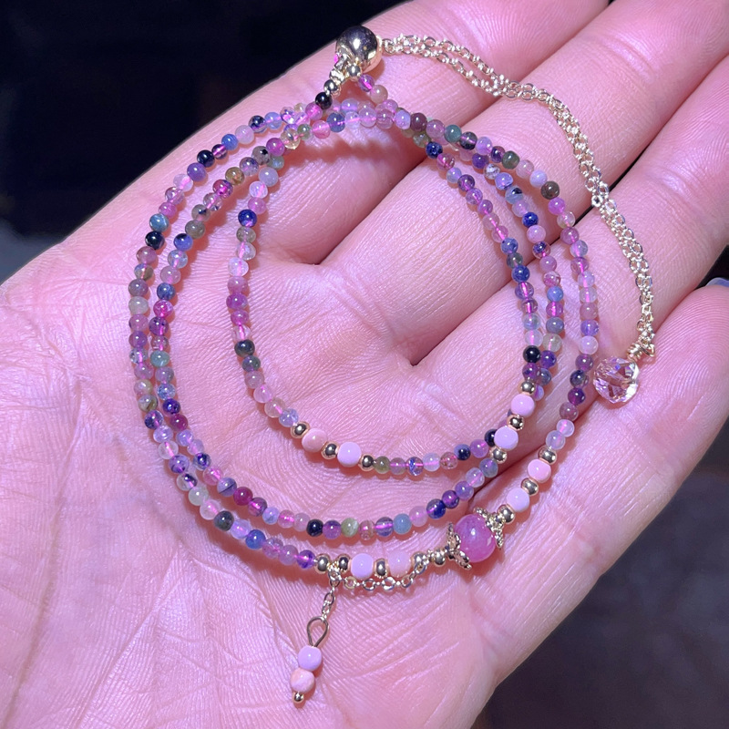 天然水晶珠宝 巴西紫水晶 小颗粒极细三圈手串手链抽拉式可调节