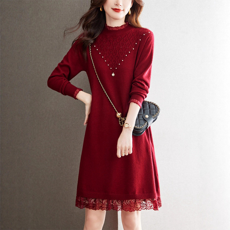 秋冬半高领针织连衣裙女中长款宽松时尚毛衣配大衣毛衣裙打底裙