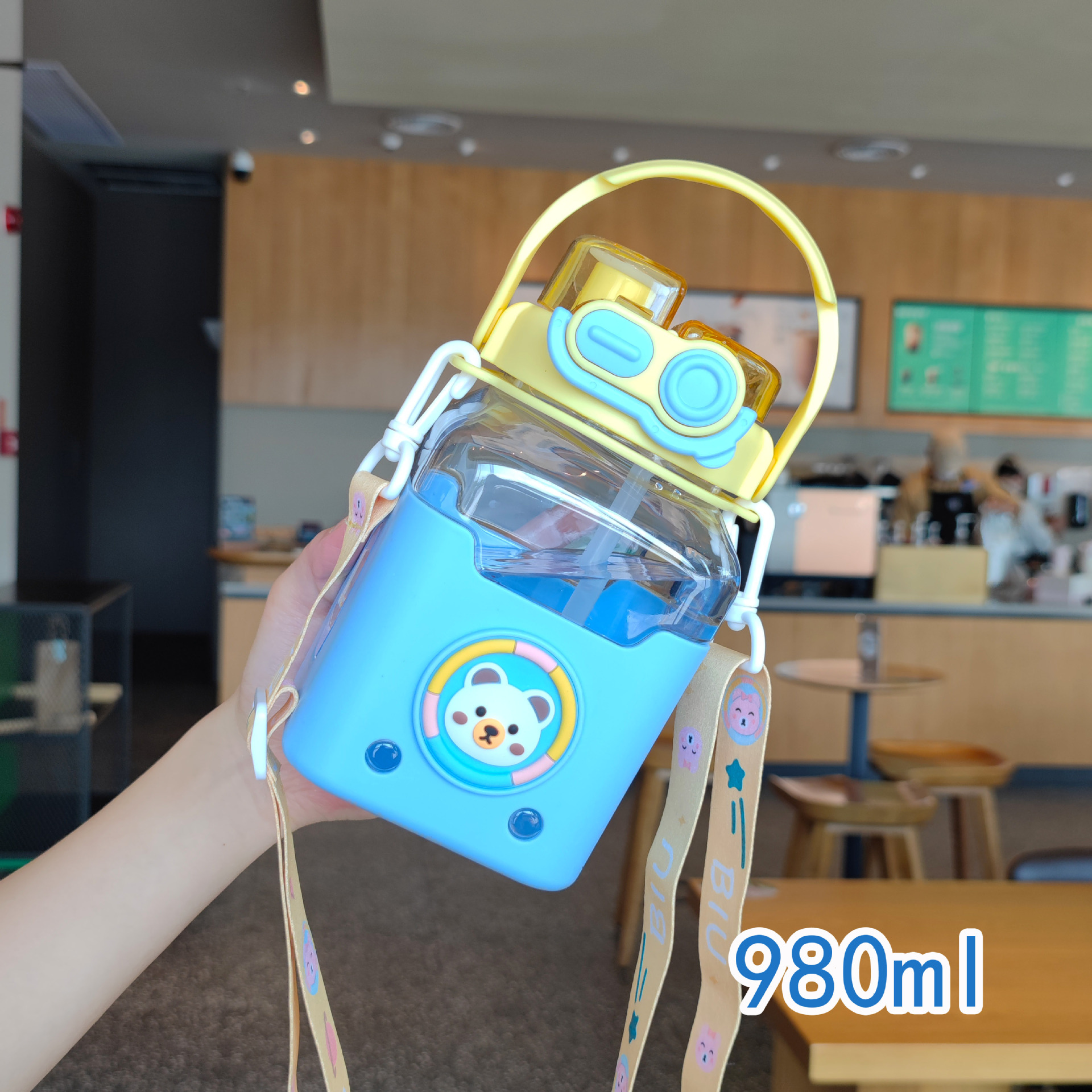 2023 New Square Sugar Cute Double Drinking Cup Outdoor Travel Straw Plastic Strap Children Student Adult Crossbody