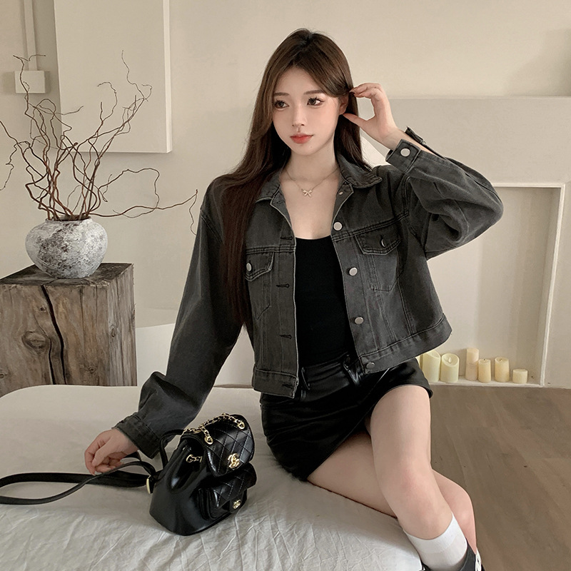 牛仔外套女2024年春夏季新款美式灰色修身短款小个子休闲百搭上衣