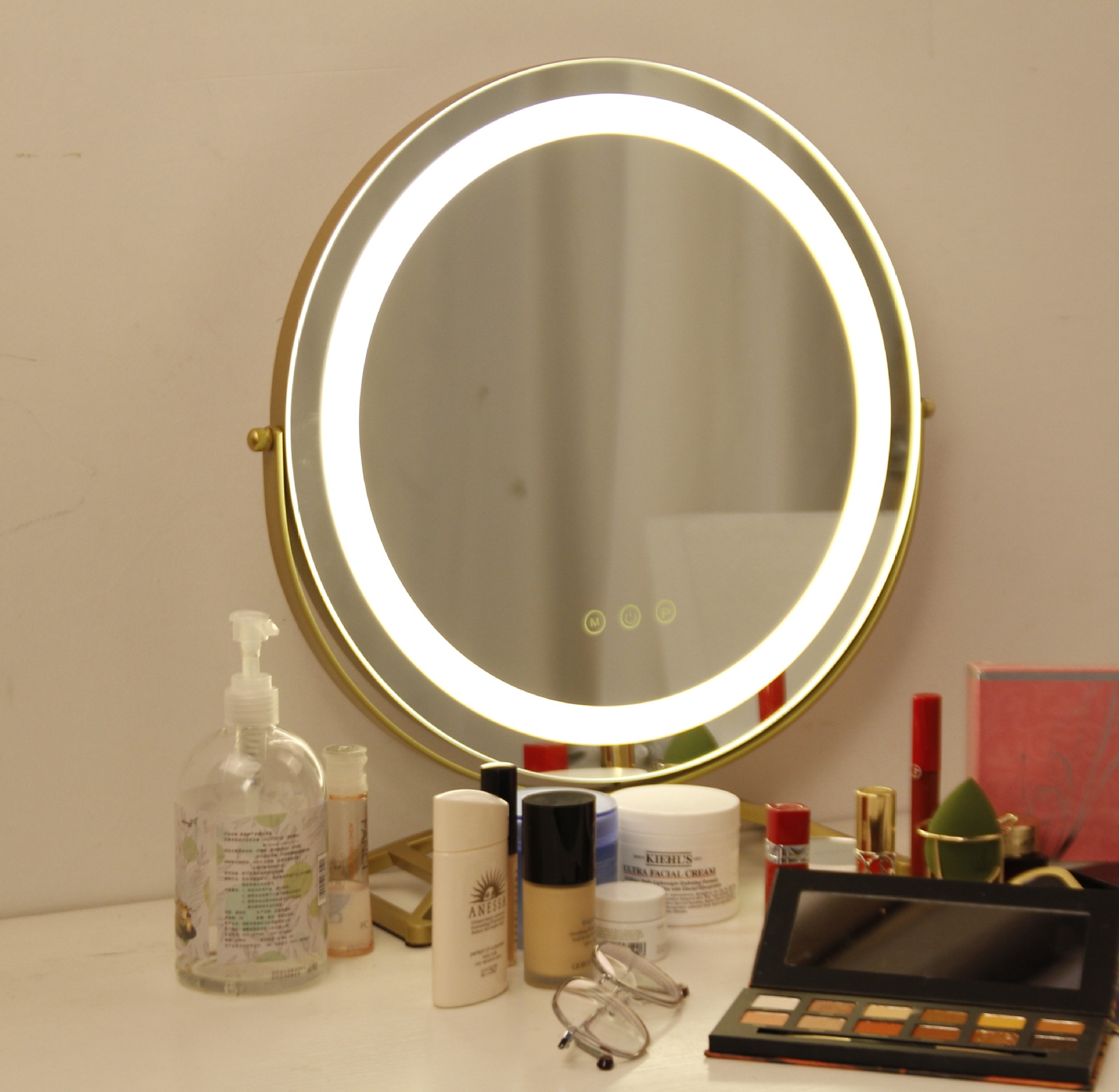 台式梳妆镜带灯定制 圆形桌面金色大号旋转充电补光led化妆镜定做
