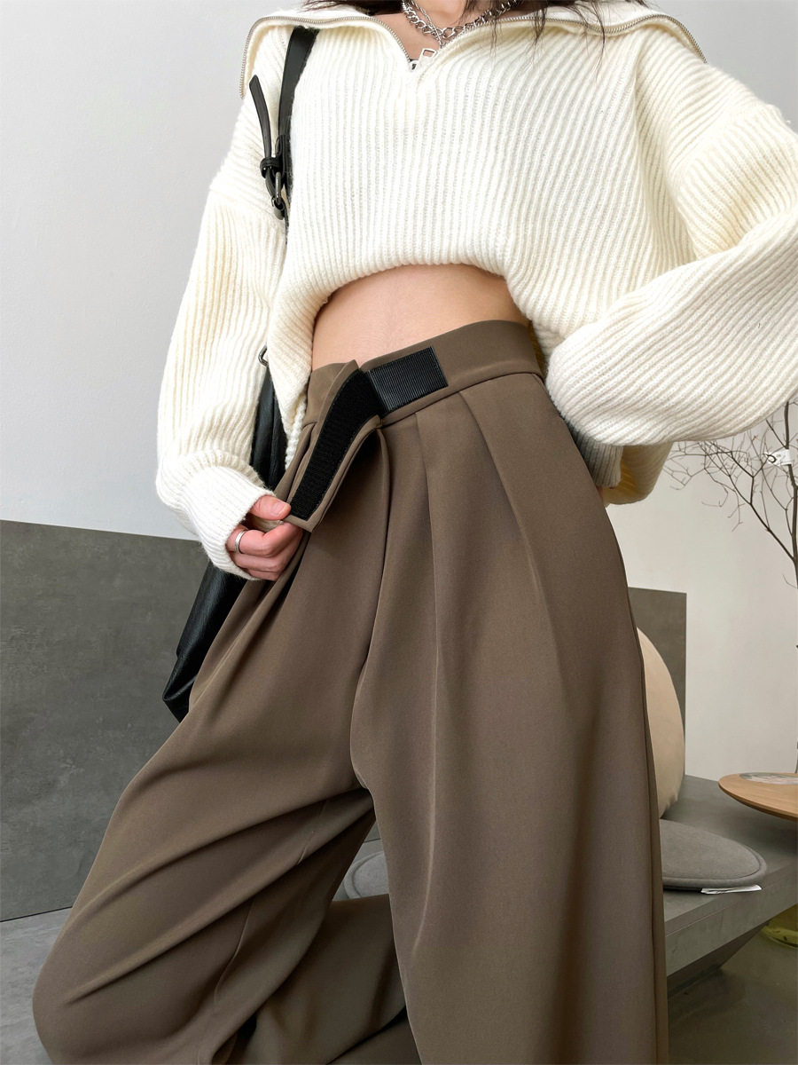 Gray Brown Wide-Leg Pants for Women Spring/Summer High Waist Drooping Straight-Leg Pants Small Loose Casual Mopping Suit Pants for Women