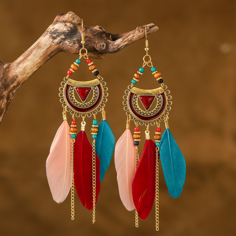 Wish Supply Semicircle Alloy Feather Earrings European and American Popular Long Bead Earrings with Turquoise Ethnic Style Jewelry