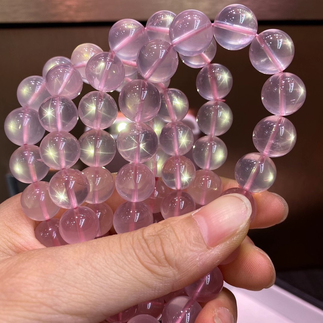 天然莫桑比克星光粉晶手链晶体通透圆珠手链微棉星光粉手串水晶-阿里