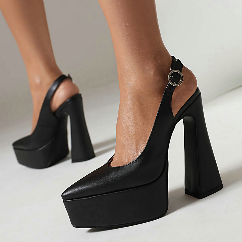 欧美超高跟女单鞋防水台一字扣带尖头后空女单鞋恨天高时装女凉鞋