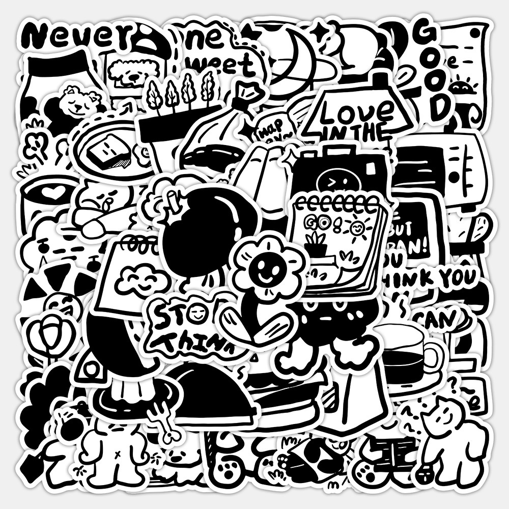 60张原创韩系黑白卡通贴纸 个性简笔画手账防水自粘头盔装饰贴画