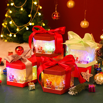 圣诞节丝带透明蝴蝶结六角盒平安夜礼物盒平安果包装盒装饰盒现货