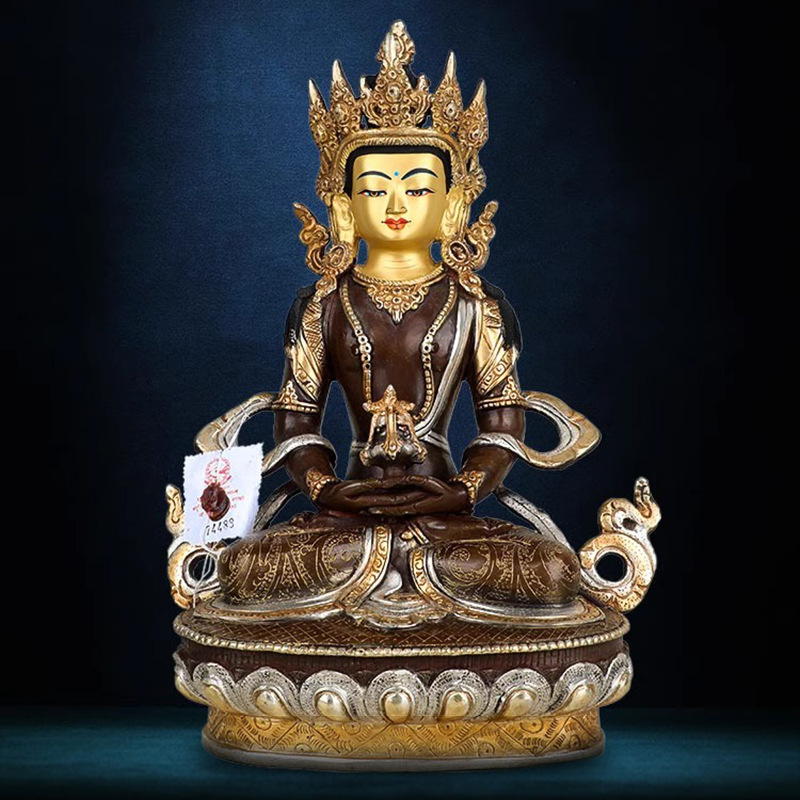 铜古色长寿佛佛像尼泊尔鎏金鎏银密宗佛台供奉无量寿佛摆件10寸