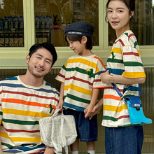 童装2024夏季新款中小童条纹T恤棉质彩色条纹短袖韩版亲子装母女