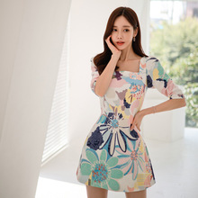 2024夏季新款 韩版方领时尚高级感提花七分袖性感包臀连衣裙7587