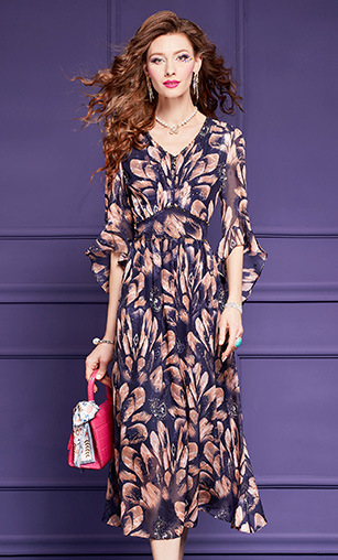 菲梦伊印花连衣裙女夏季轻熟复古高端阔太太显瘦收腰v领度假裙子